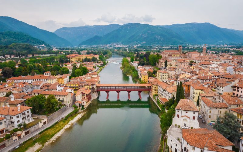 Aerial View of the Alpini Bridge with the Brenta River in Bassano del Grappa, Vicenza, Veneto, Italy, Europe